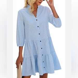 CCTOO gingham‎ Blue tiered Button-Down Dress 3/4 sleeves Sz M